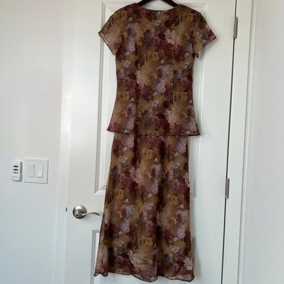 Jessica Howard Petite Floral Chiffon Midi Dress Brown Purple Overlay 90s‎ Mom - Picture 5 of 13
